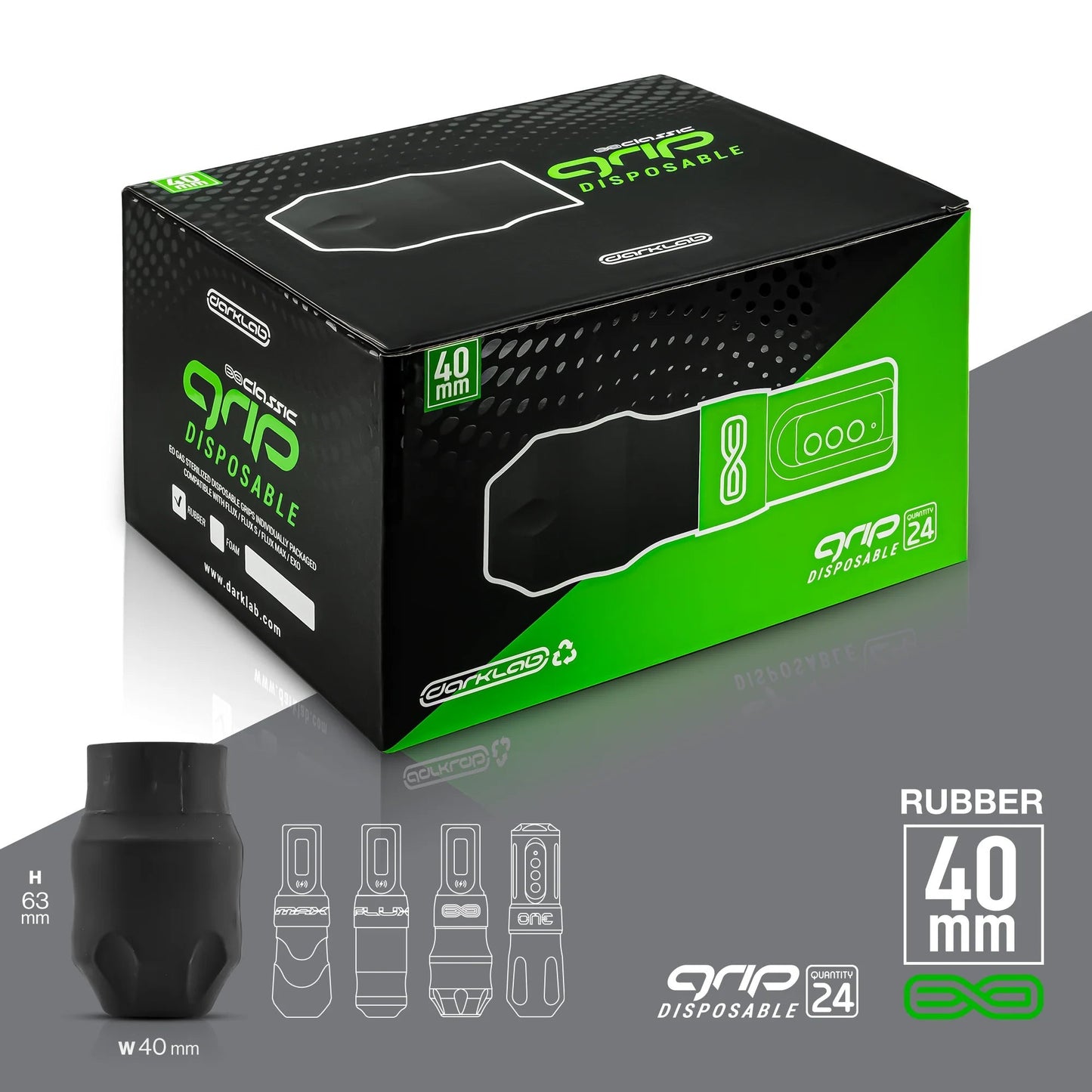 FK IRONS EXO RUBBER 40MM DISPOSABLE TATTOO GRIPS — BLACK — BOX OF 24