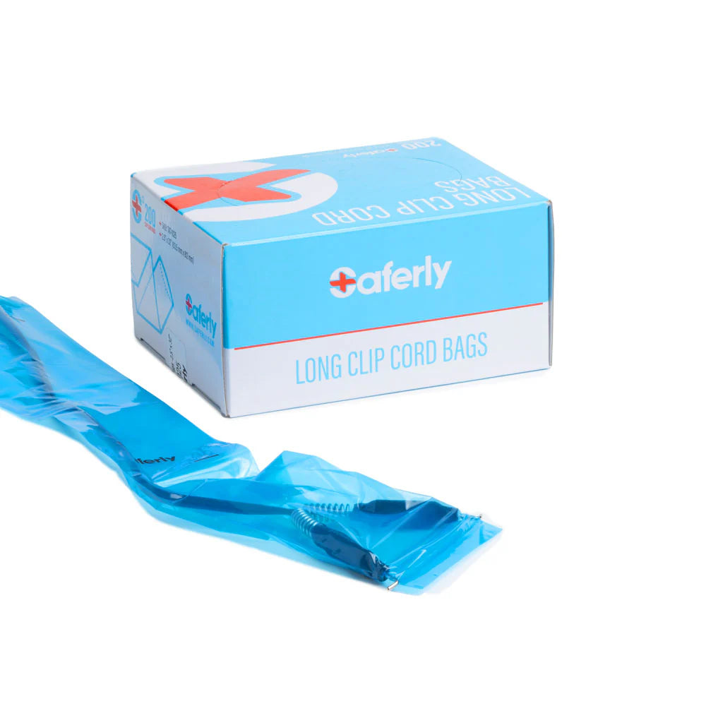 SAFERLY 32" CLIP CORD SLEEVES + MACHINE BAGS — BLUE — BOX OF 200