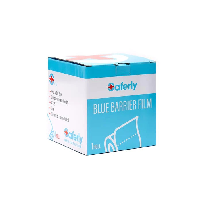 SAFERLY BLUE TRAVEL-SIZED BARRIER FILM IN DISPENSER BOX — 4” X 6” — ROLL OF 300 SHEETS