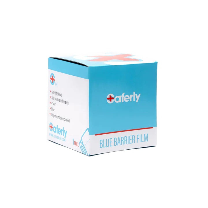 SAFERLY BLUE TRAVEL-SIZED BARRIER FILM IN DISPENSER BOX — 4” X 6” — ROLL OF 300 SHEETS