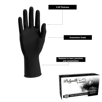 Polysilk by Shamrock Black Latex Gloves - 10 Boxes of Exam Grade, Powder Free (4 Mil), 1,000 Gloves (10 Boxes)